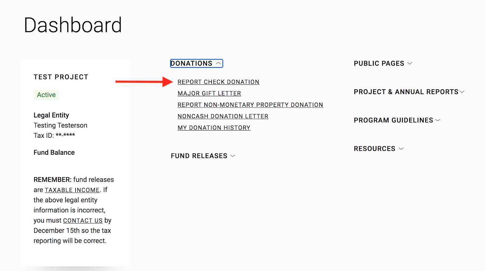 Screenshot of the Fiscal Sponsorship Dashboard pointing to the "Report Check Donation" link