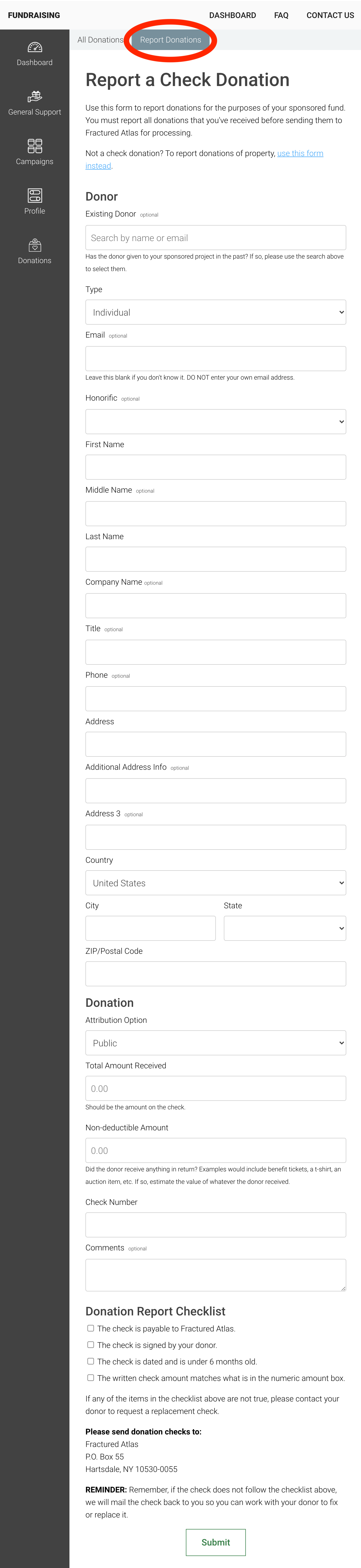 Screenshot of the check donation report form, with a circle on the Report Donations tab at the top of the page