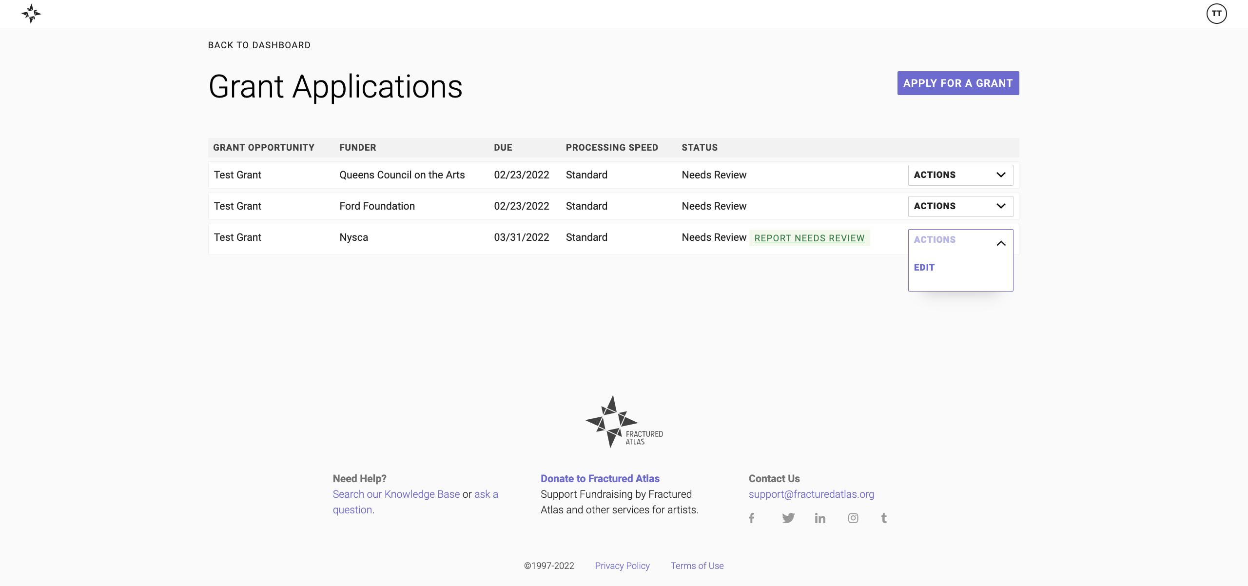 Screenshot of your Grant Applications page on your fiscal sponsorship dashboard. A drop down menu is open next to a grant opportunity that gives an option to click "Edit"